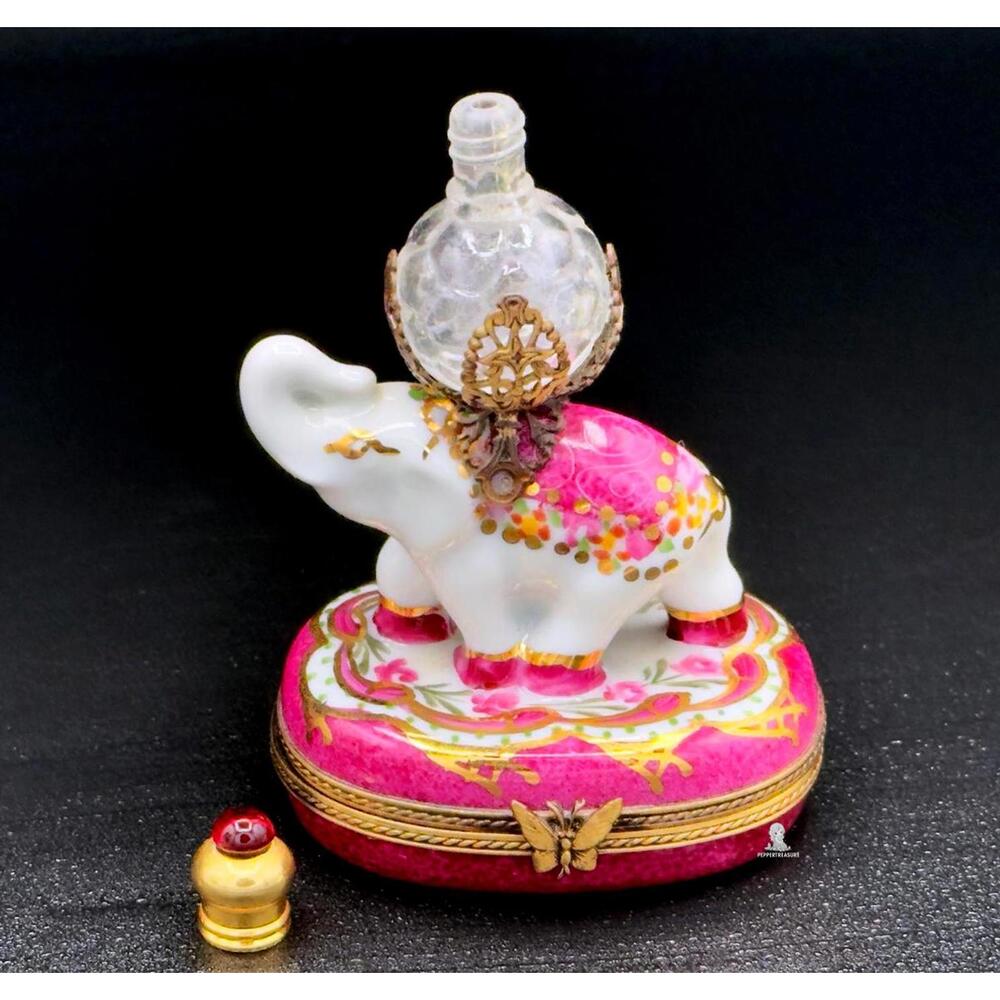 Authentic Rare!! Limoges Trinket Box Elephant Perfume Bottle Pink Saddle Butterf